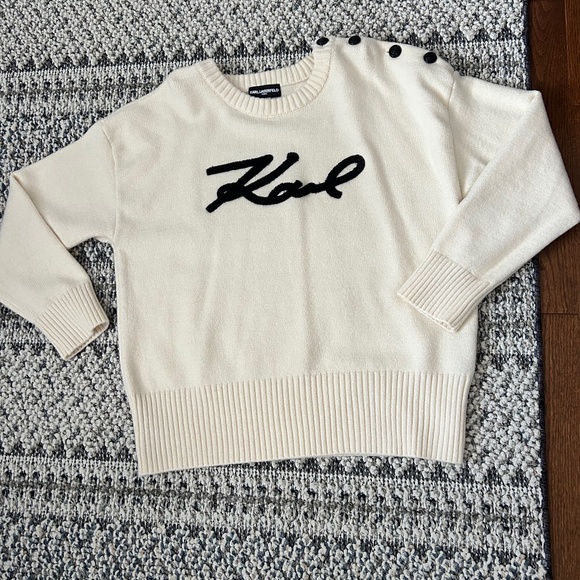 Karl Lagerfeld Sweaters - Karl Lagerfeld Cream Crewneck Sweater with Black Script Logo.  Size Large.